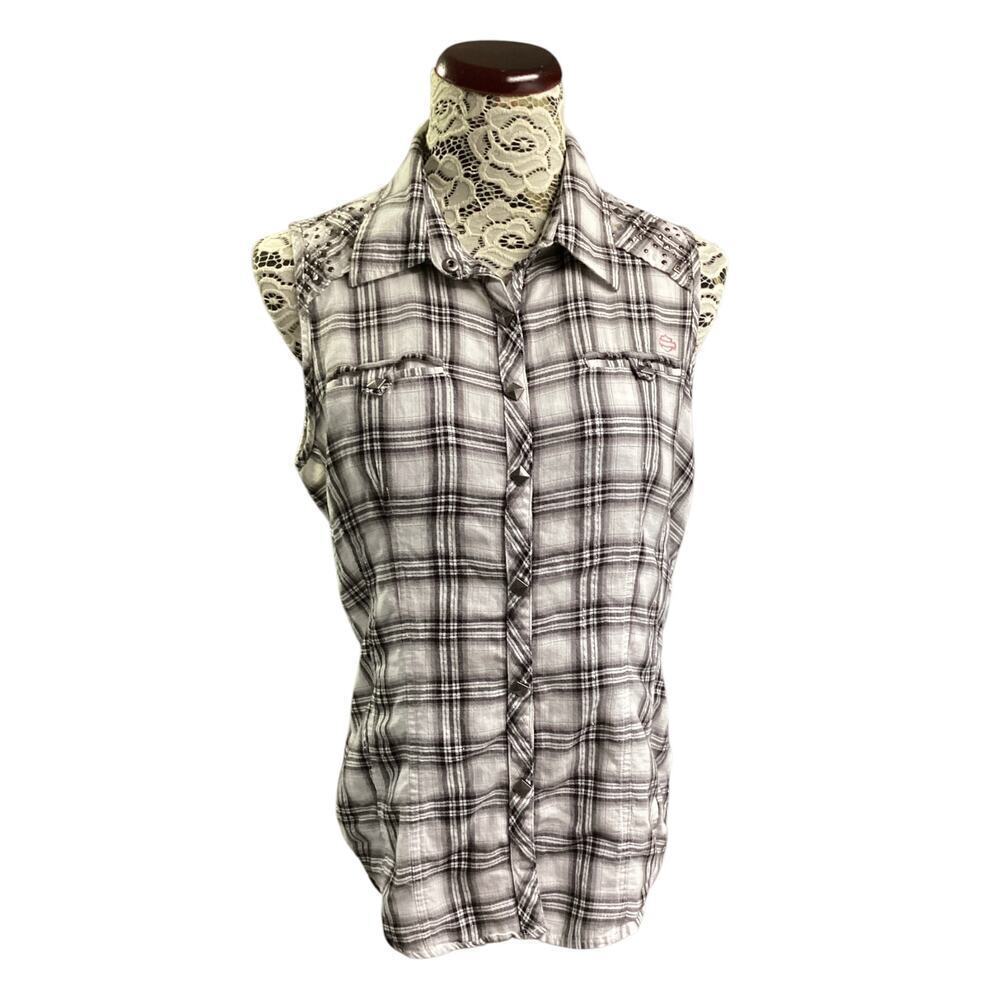 Harley-Davidson women's sleeveless plaid shirt, snap-front closure L